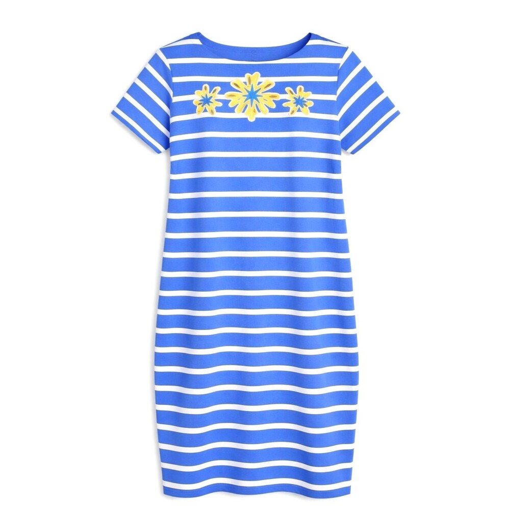 Bob Mackie Vintage Wearable Art Blue Striped Yellow Floral Applique Shift Dress